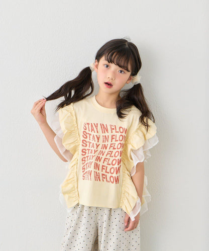 KIDS 拼接薄紗荷葉邊字母印花T恤