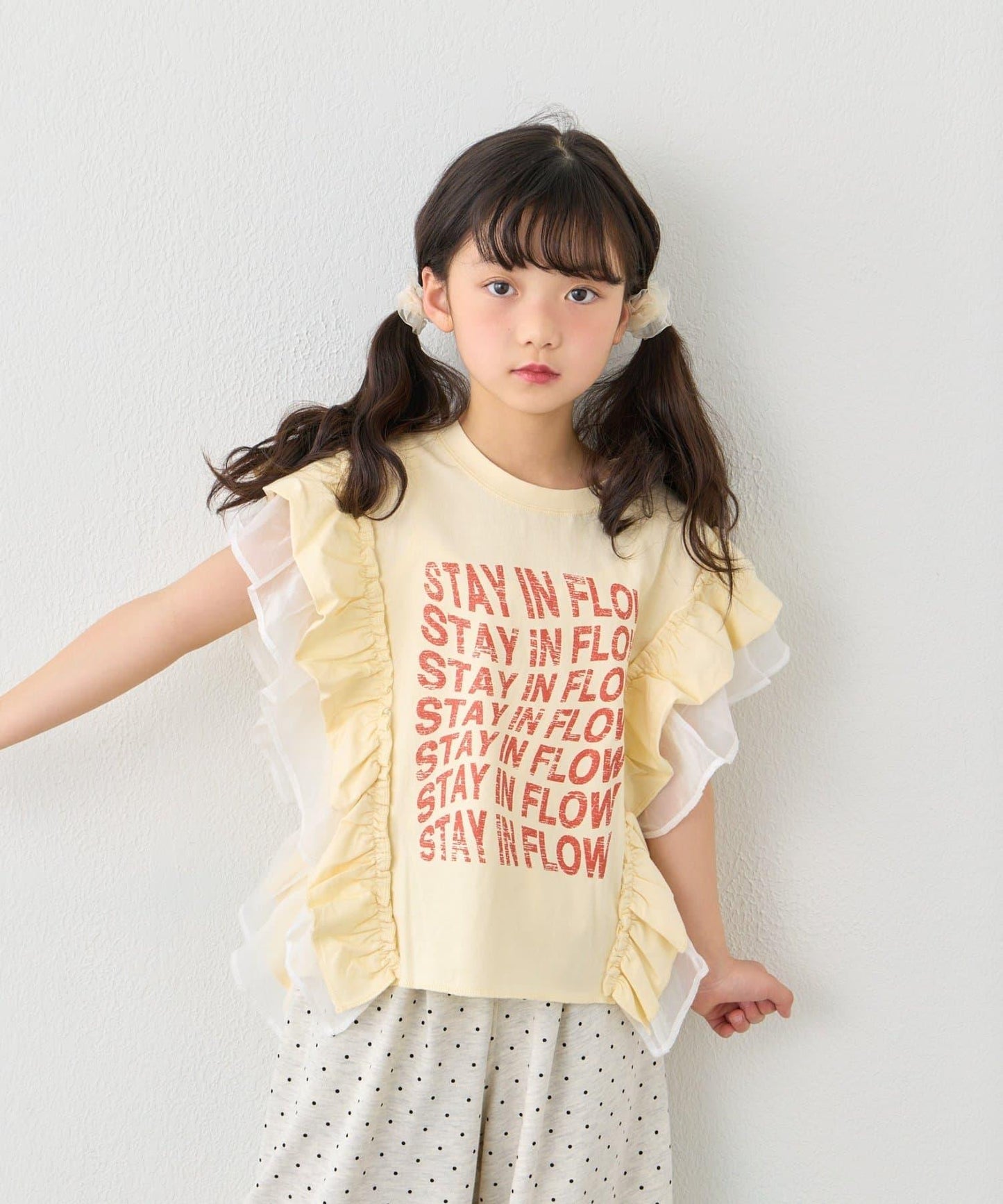 KIDS 拼接薄紗荷葉邊字母印花T恤