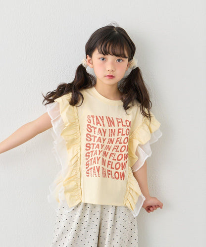 KIDS 拼接薄紗荷葉邊字母印花T恤