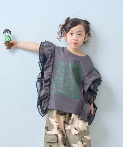 KIDS 拼接薄紗荷葉邊字母印花T恤