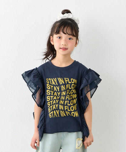 KIDS 拼接薄紗荷葉邊字母印花T恤