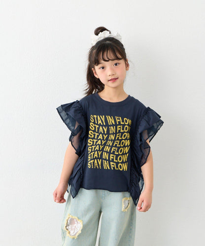 KIDS 拼接薄紗荷葉邊字母印花T恤