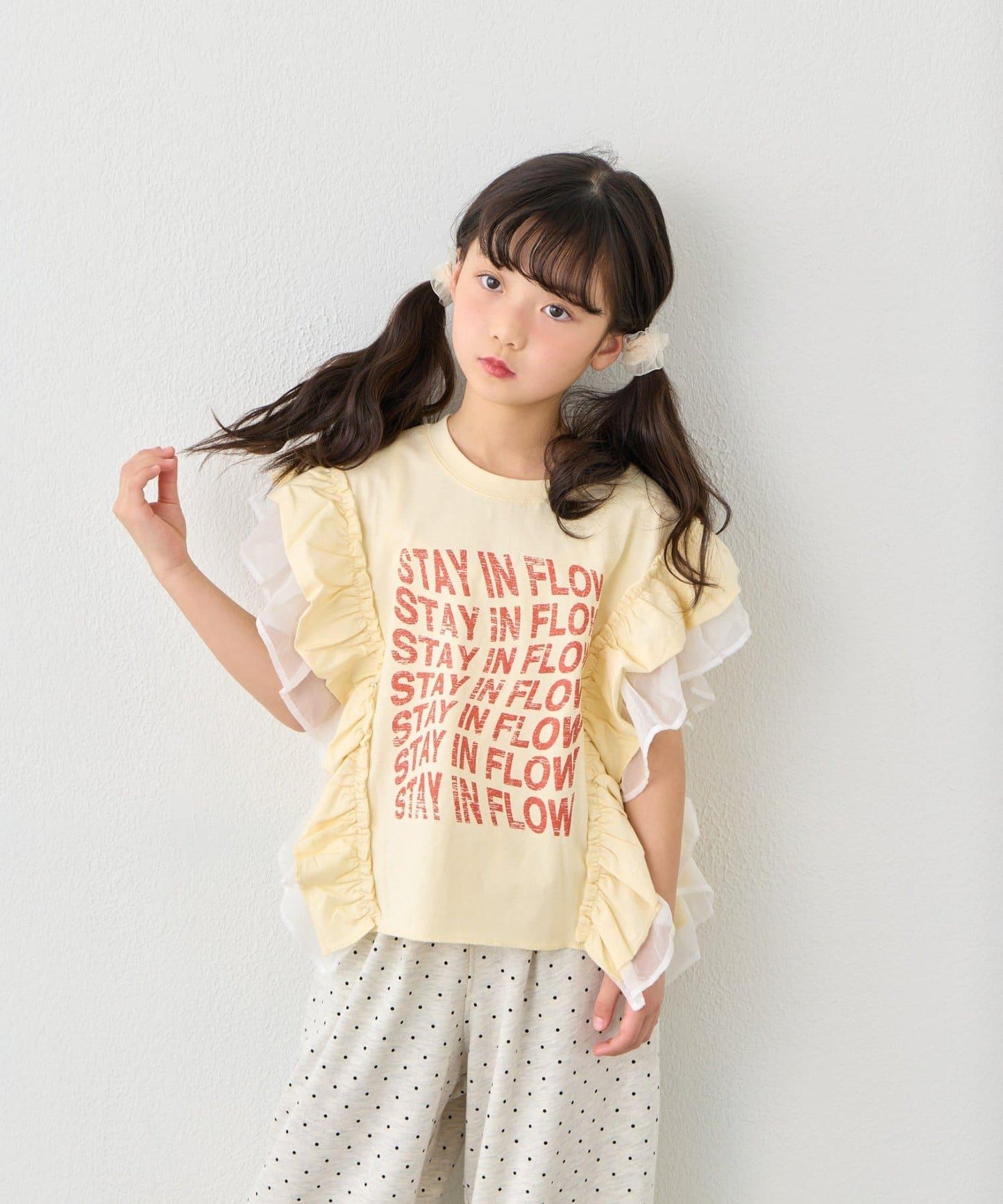 KIDS 拼接薄紗荷葉邊字母印花T恤