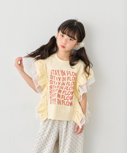 KIDS 拼接薄紗荷葉邊字母印花T恤