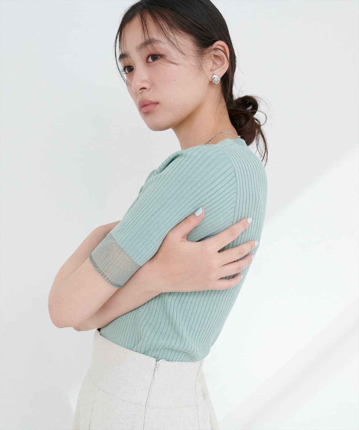 袖口透紗設計 強捻羅紋 針織衫
