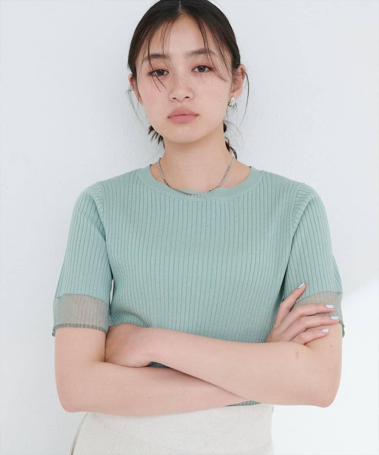 袖口透紗設計 強捻羅紋 針織衫