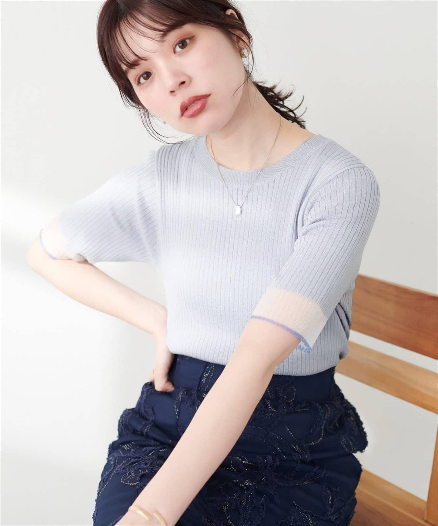 袖口透紗設計 強捻羅紋 針織衫