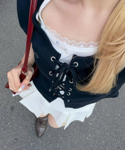 蕾絲繫帶拼接套頭衫