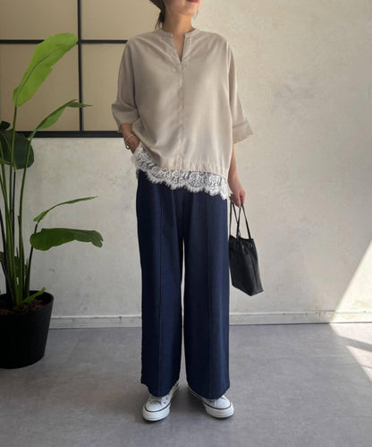 亞麻感下襬蕾絲女襯衫