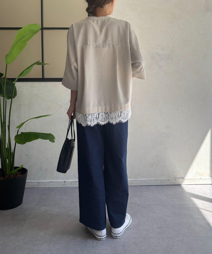亞麻感下襬蕾絲女襯衫