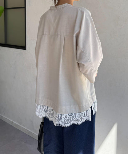 亞麻感下襬蕾絲女襯衫