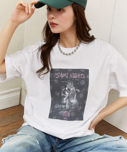 MIAMI NIGHTS 功能性面料 貓咪照片印花 T恤