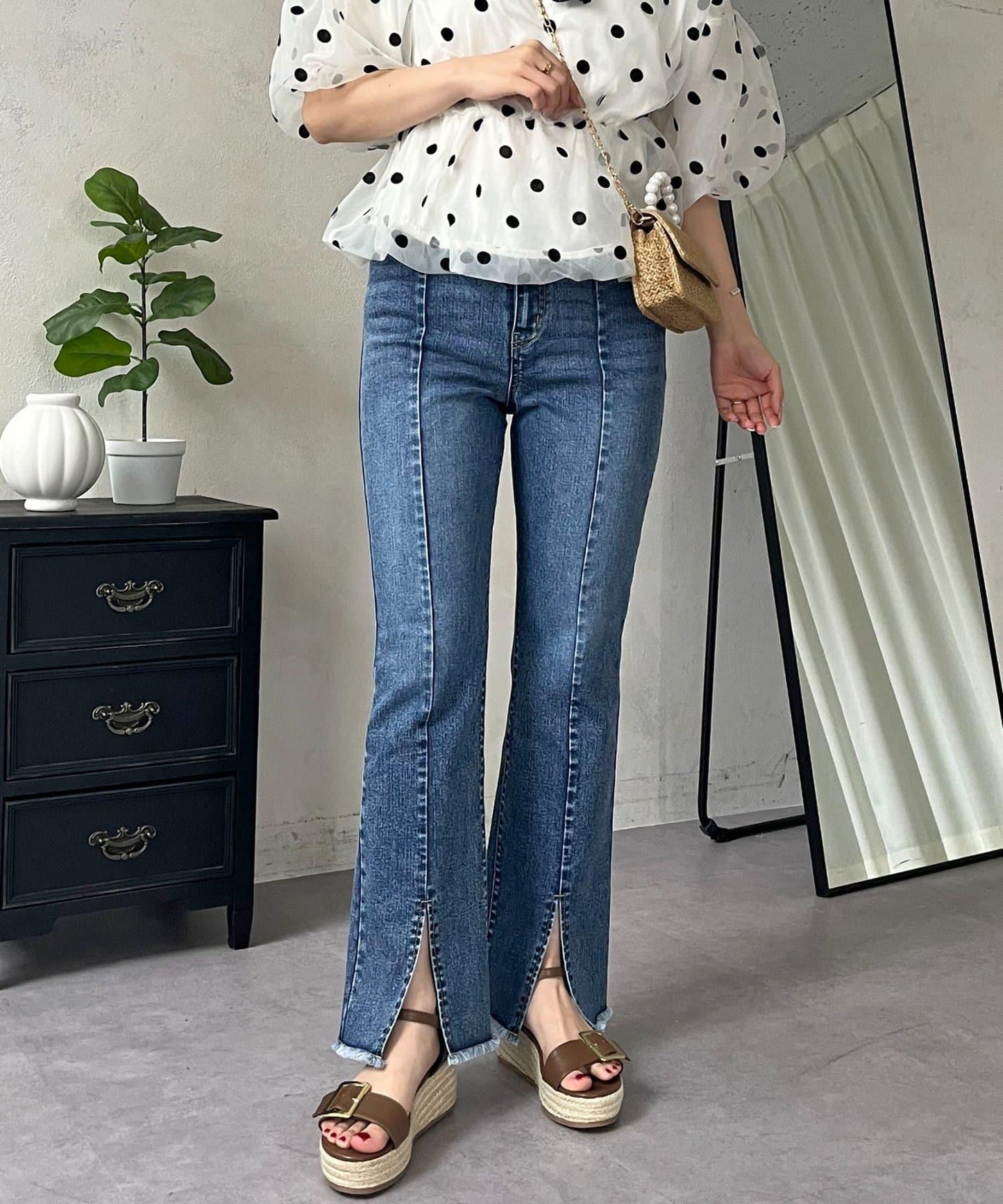 前開叉 彈力 牛仔褲