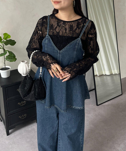 可兩穿袖設計扇貝邊蕾絲女襯衫
