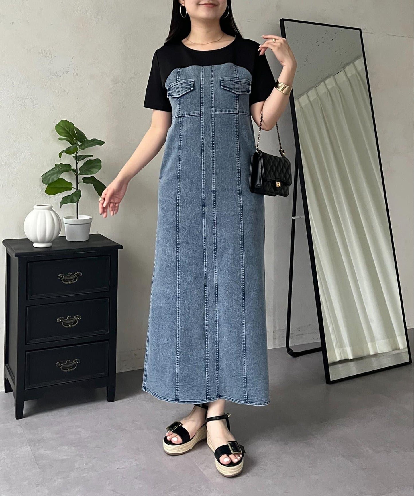 彈力牛仔拼接連衣裙