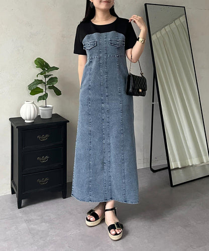 彈力牛仔拼接連衣裙
