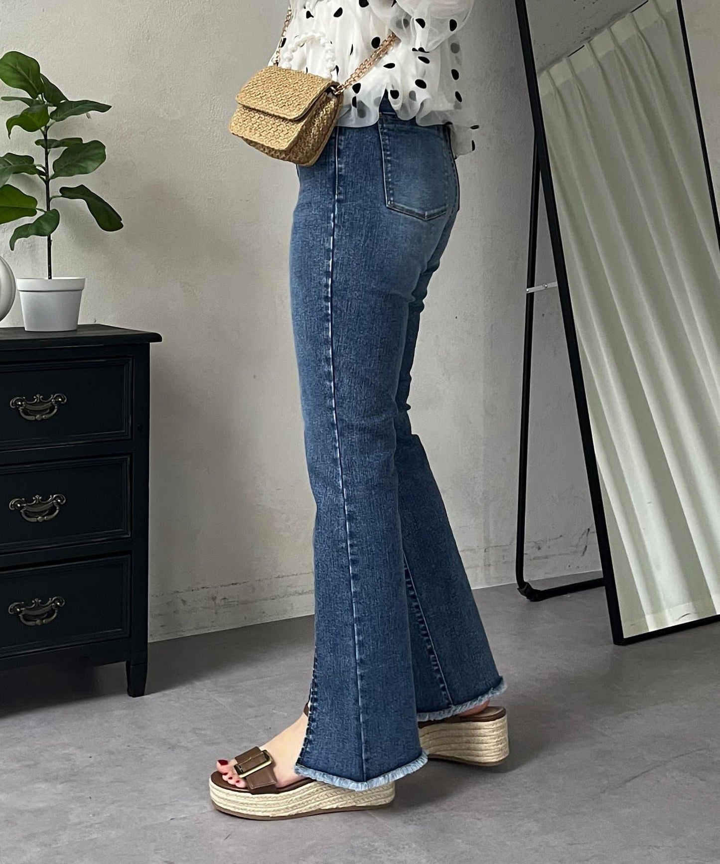 前開叉 彈力 牛仔褲