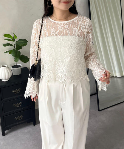可兩穿袖設計扇貝邊蕾絲女襯衫