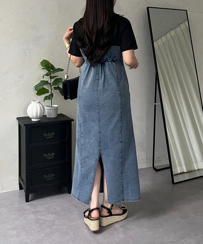 彈力牛仔拼接連衣裙