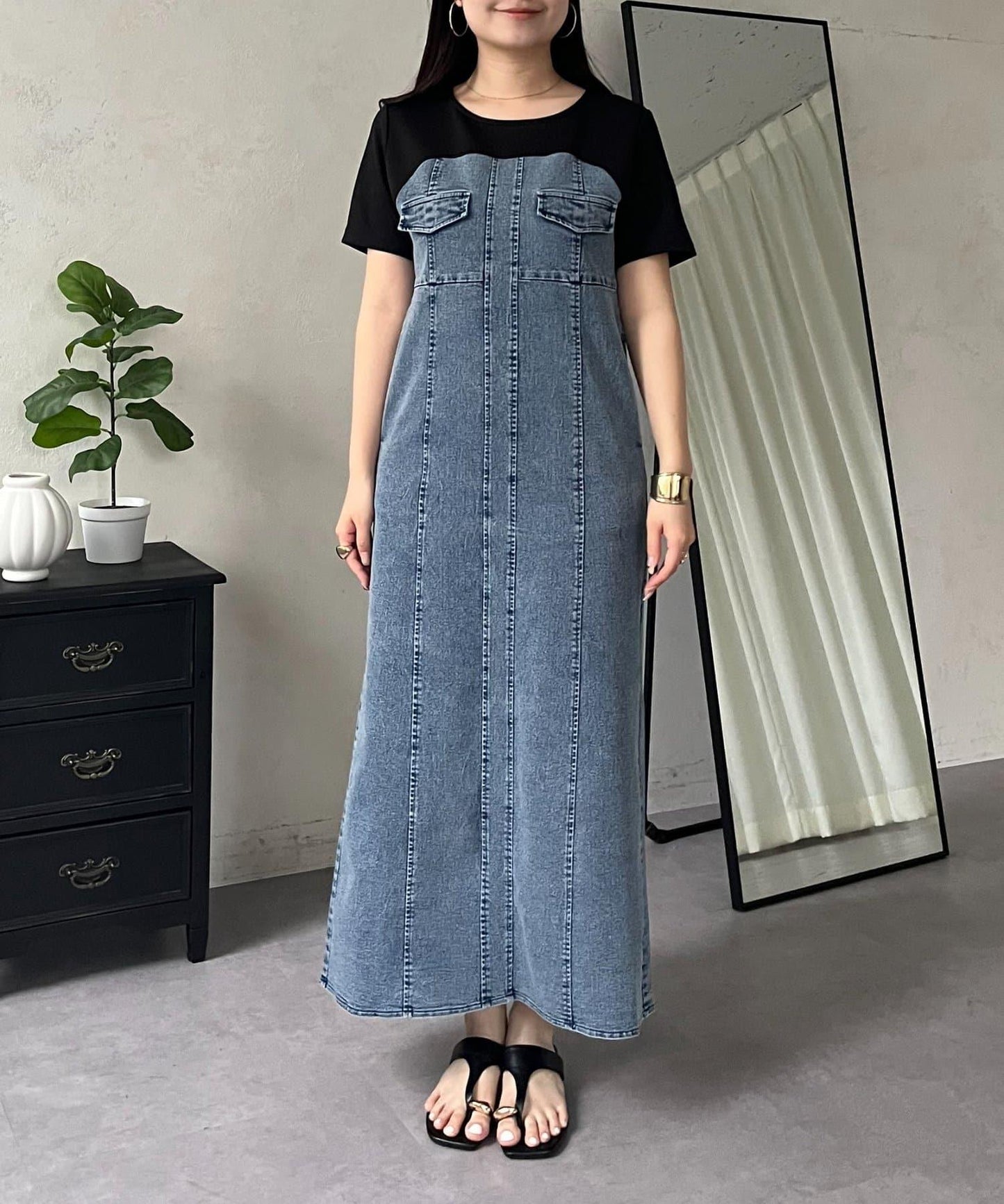 彈力牛仔拼接連衣裙