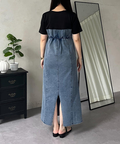 彈力牛仔拼接連衣裙