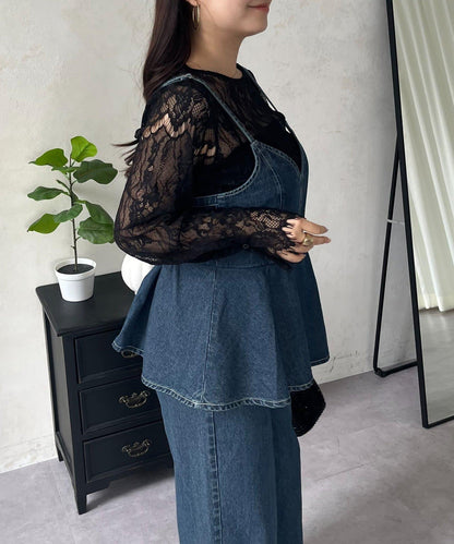 可兩穿袖設計扇貝邊蕾絲女襯衫