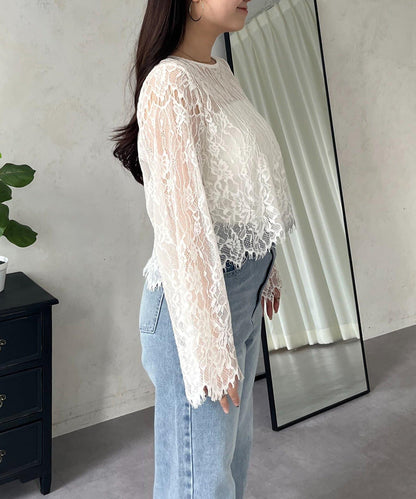 可兩穿袖設計扇貝邊蕾絲女襯衫