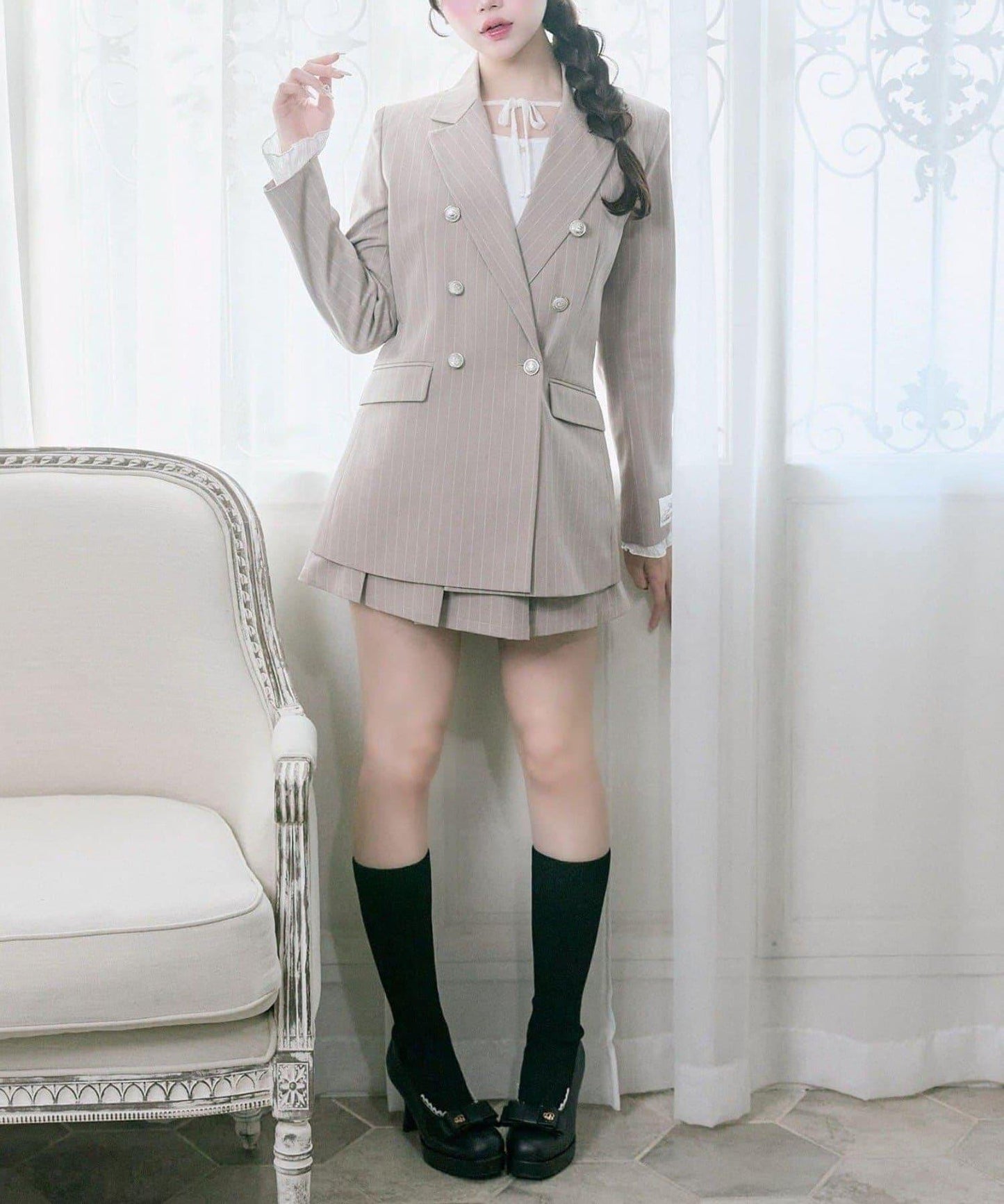 Belle Charme 側邊腰帶百褶半身裙