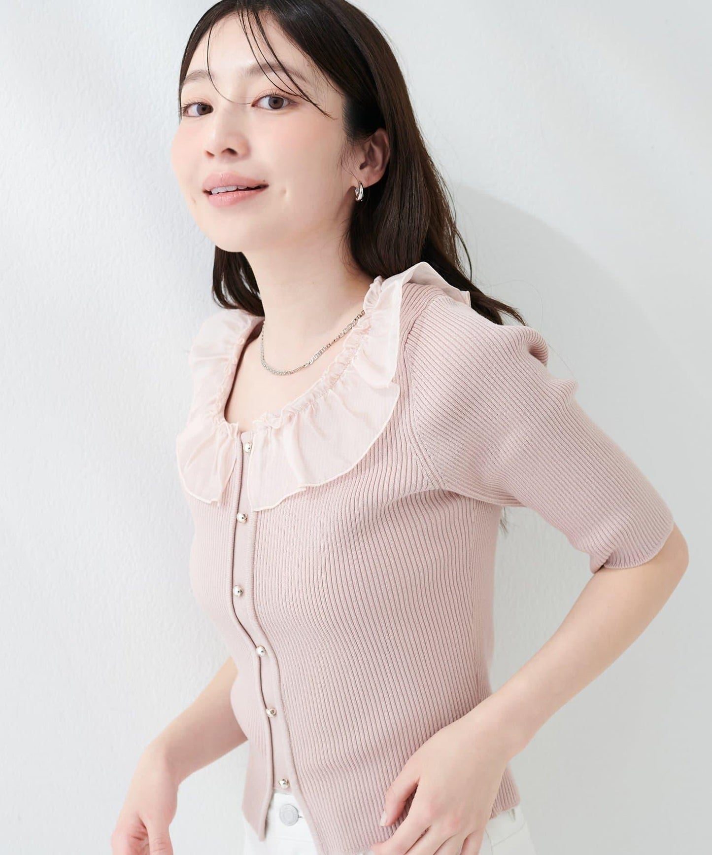 異材質荷葉邊 針織 短袖針織上衣