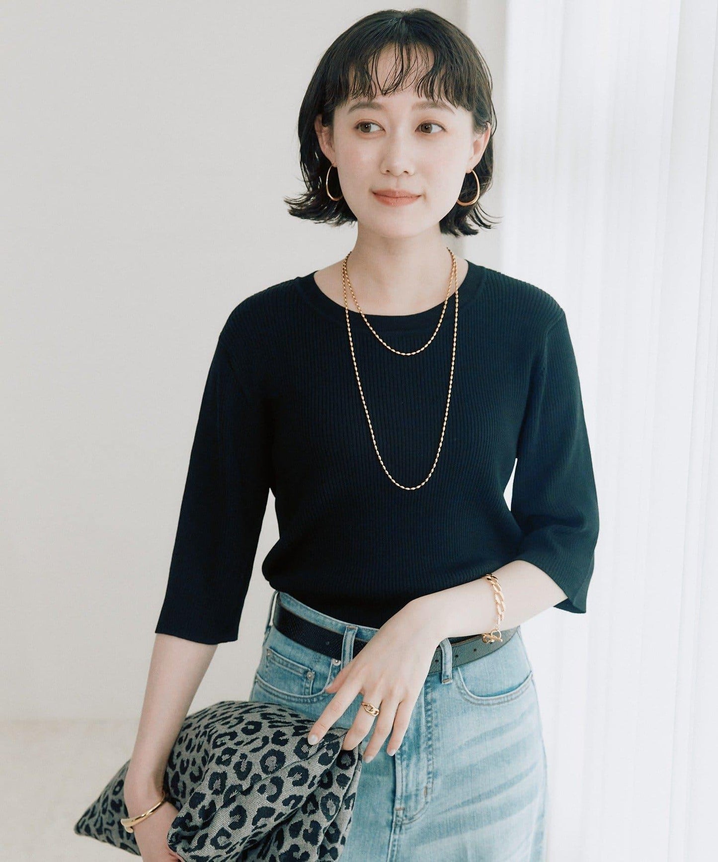 高彈力 五分袖 羅紋 VIS/NY 針織上衣