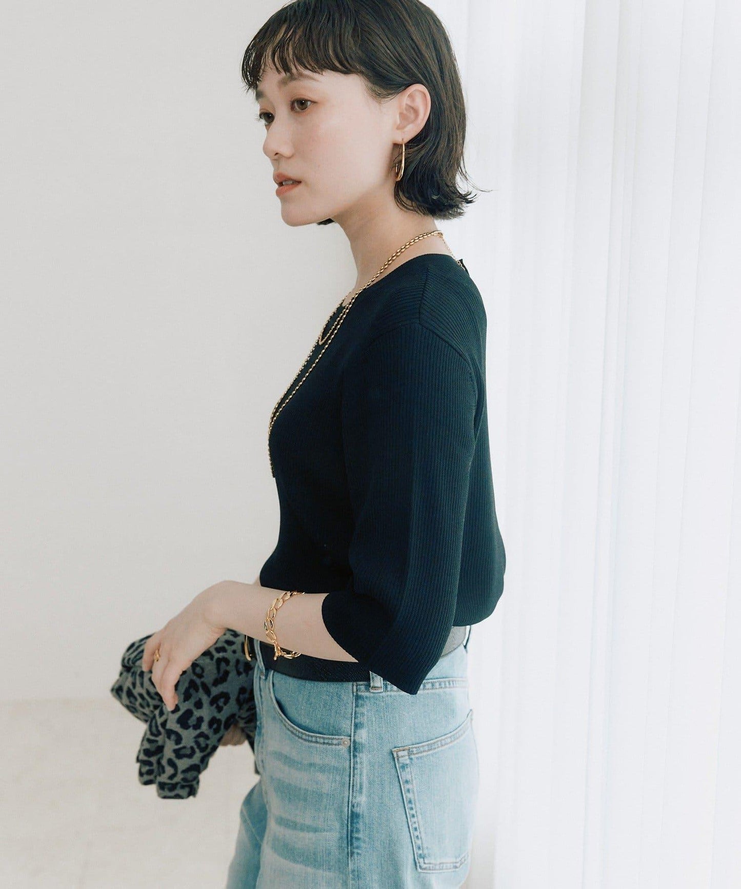 高彈力 五分袖 羅紋 VIS/NY 針織上衣