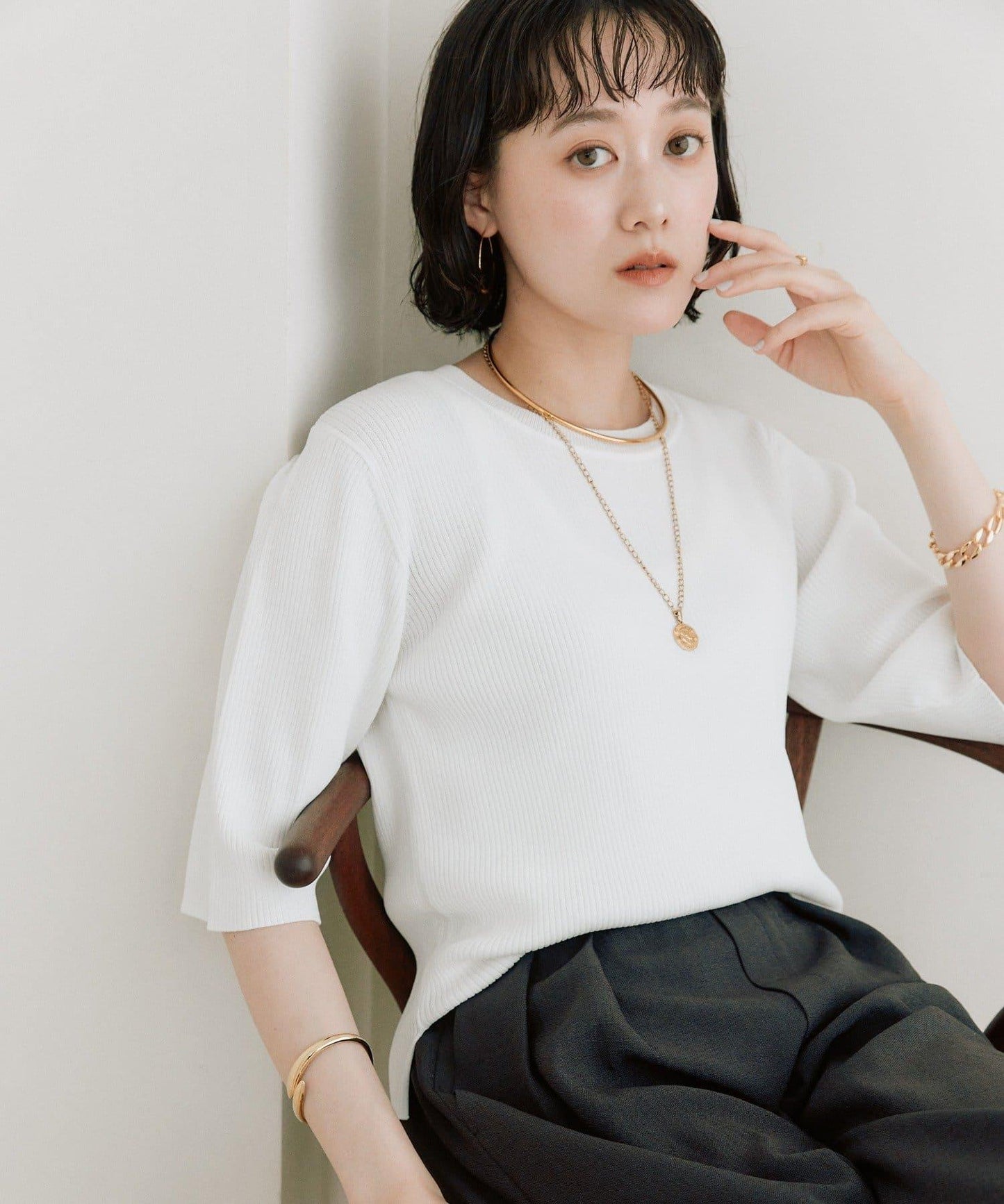 高彈力 五分袖 羅紋 VIS/NY 針織上衣