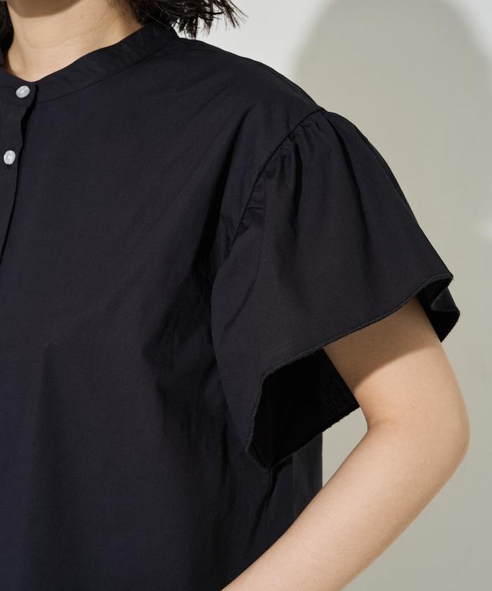 無領 荷葉邊袖 府綢 襯衫
