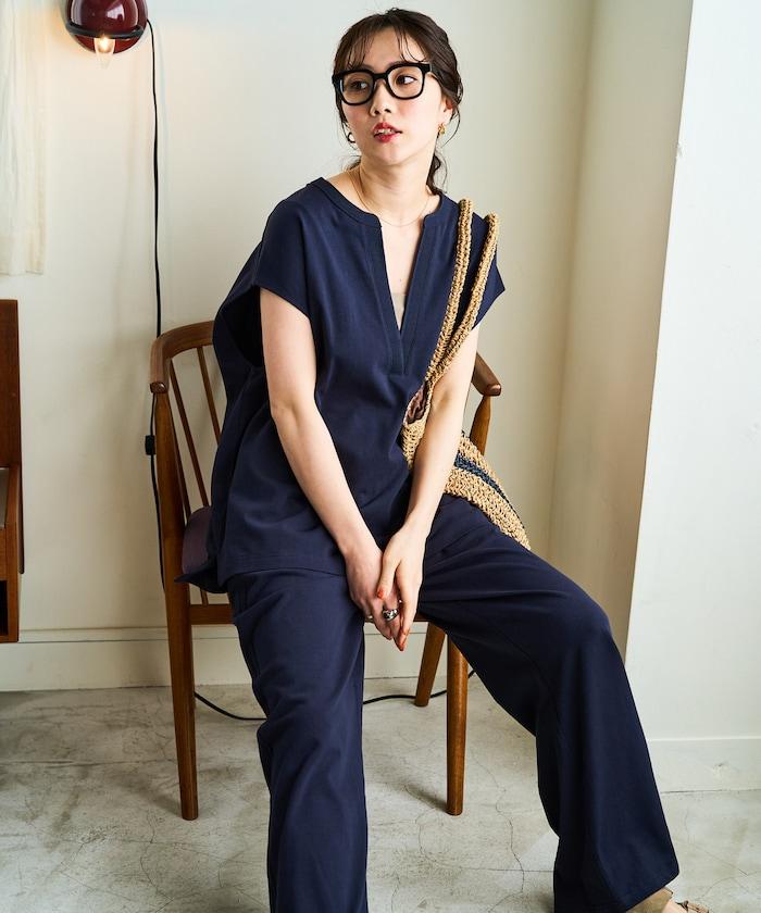 V領法式袖 針織上衣褲子 套裝