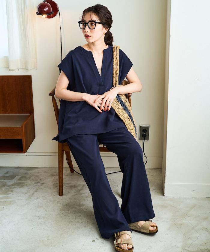 V領法式袖 針織上衣褲子 套裝