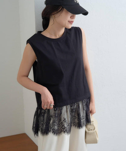 下襬蕾絲 無袖 Tee