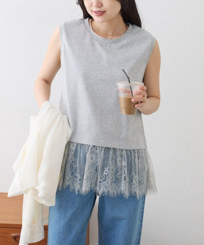 下襬蕾絲 無袖 Tee