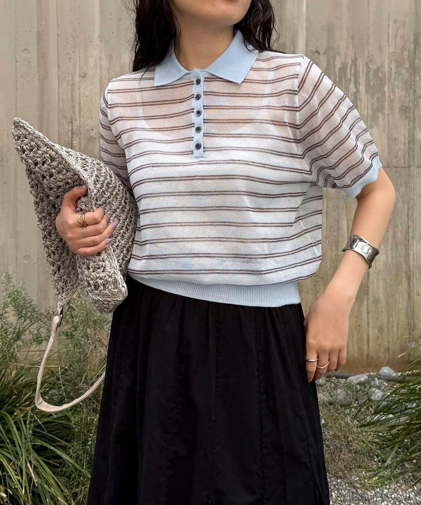 透紗條紋Polo針織上衣