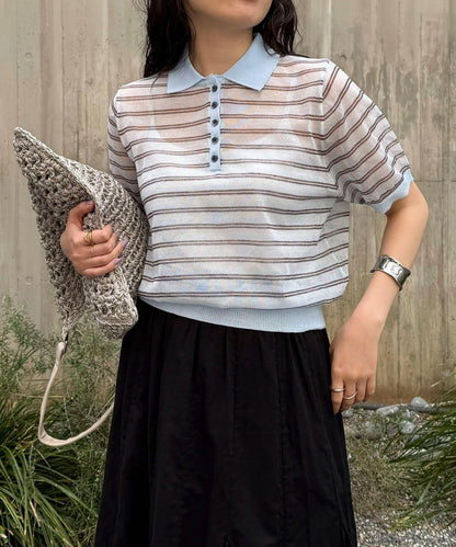 透紗條紋Polo針織上衣
