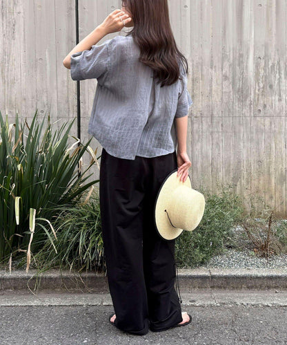 亞麻混高密織中心線褲子