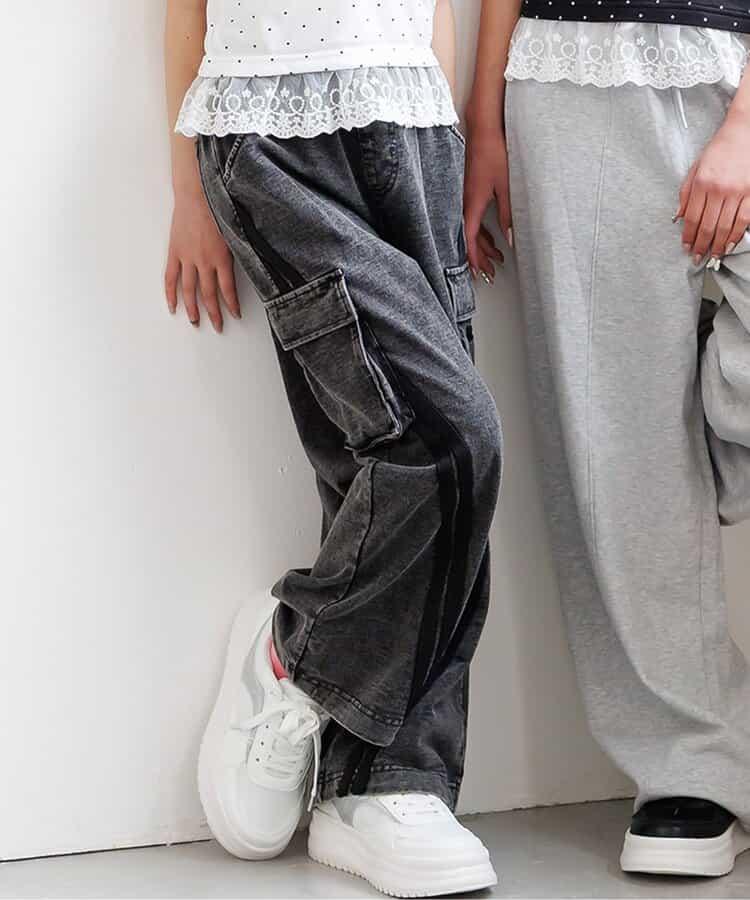 彈力牛仔側條紋褲子