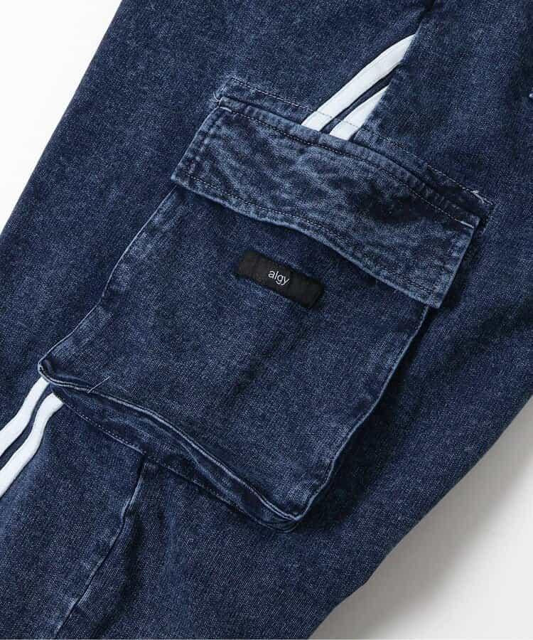 彈力牛仔側條紋褲子