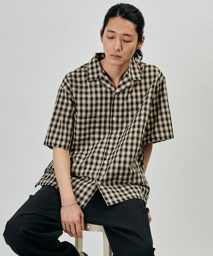 多比織格紋寬鬆開領短袖襯衫