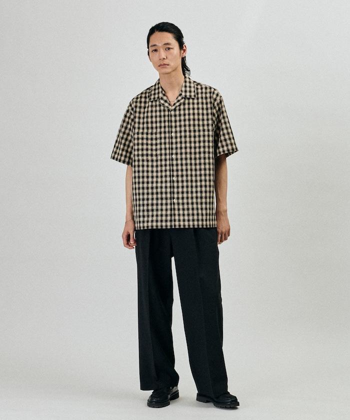 多比織格紋寬鬆開領短袖襯衫
