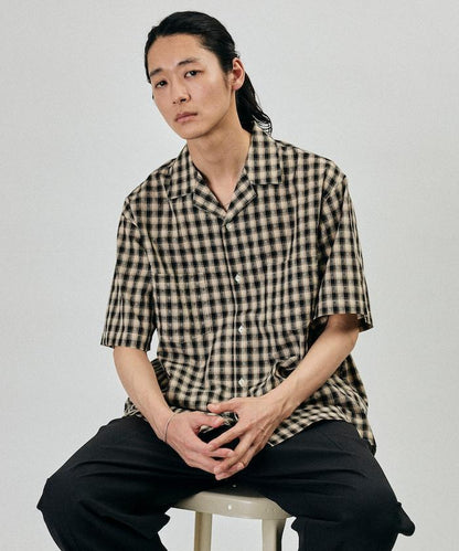 多比織格紋寬鬆開領短袖襯衫