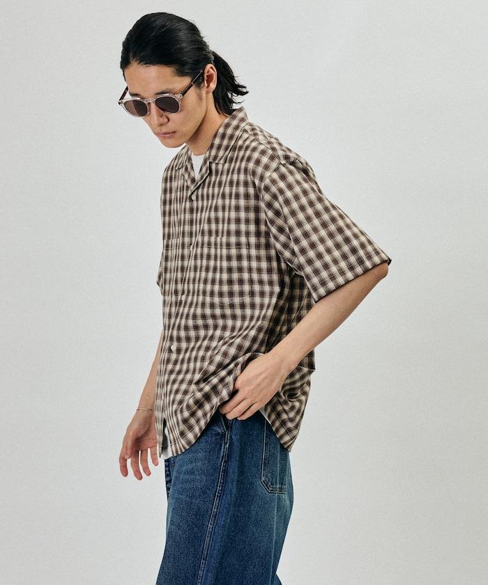 多比織格紋寬鬆開領短袖襯衫