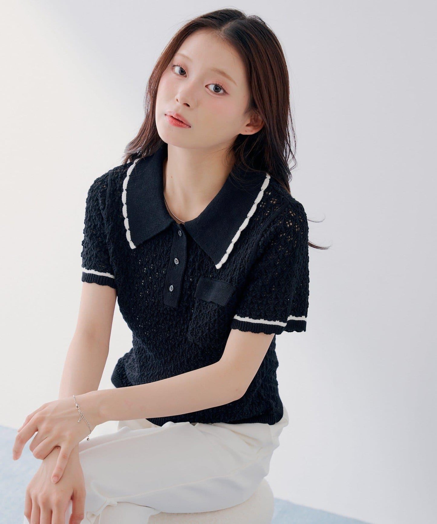鉤針Polo領 袖部條紋 夏季針織 針織上衣