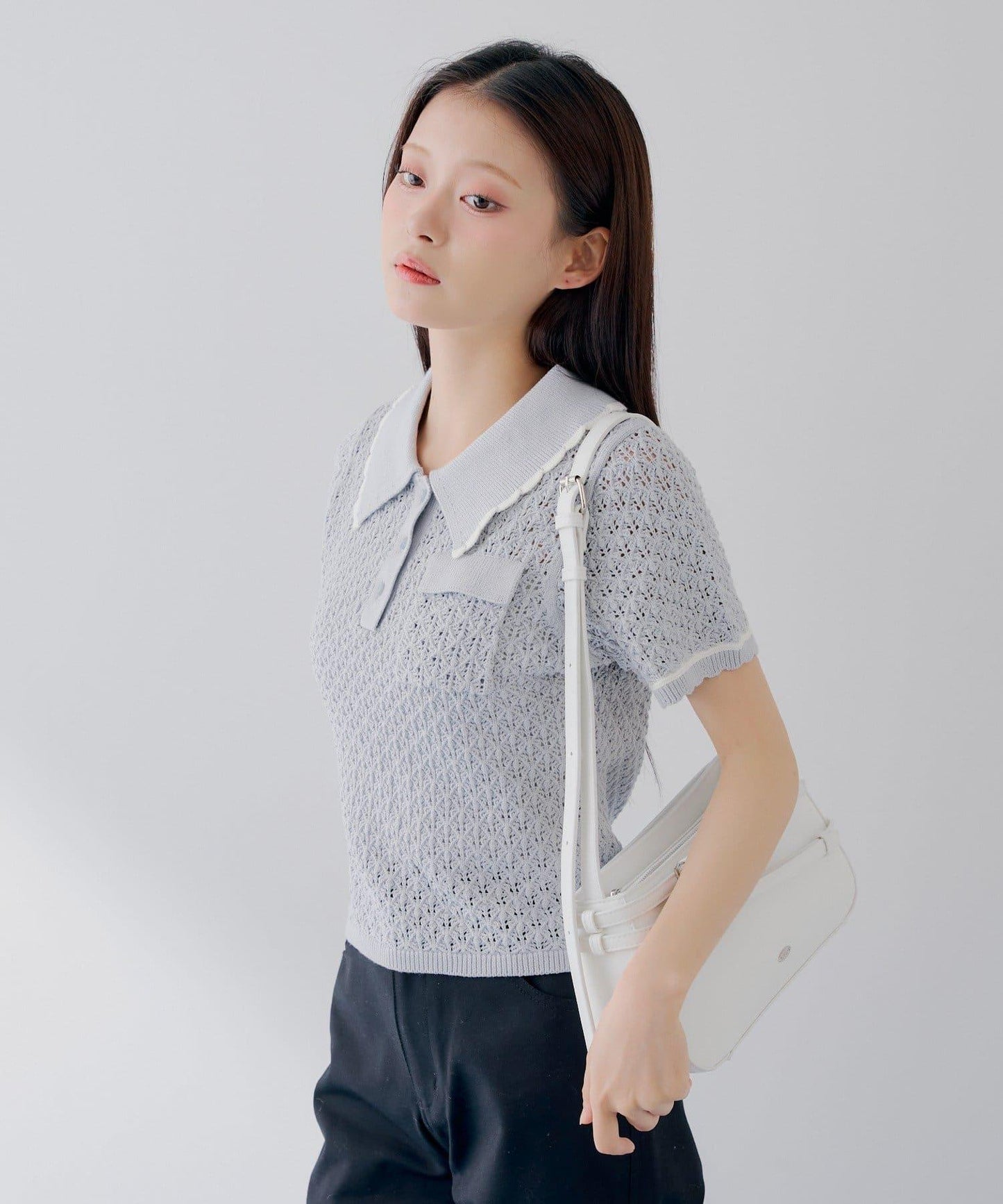鉤針Polo領 袖部條紋 夏季針織 針織上衣
