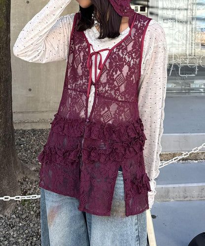 荷葉蕾絲連帽馬甲