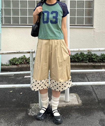 蕾絲拼接袖 插肩版型 條紋編號設計 T恤